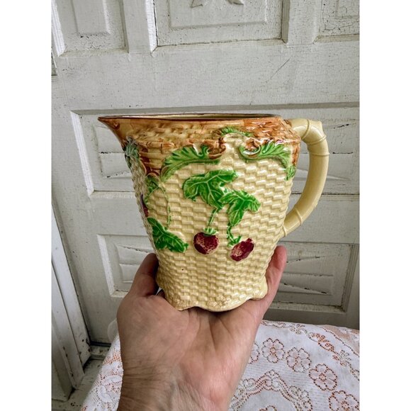 Art Deco 40's Water Pitcher Basket weave Cherries Shabby - Picture 12 of 12